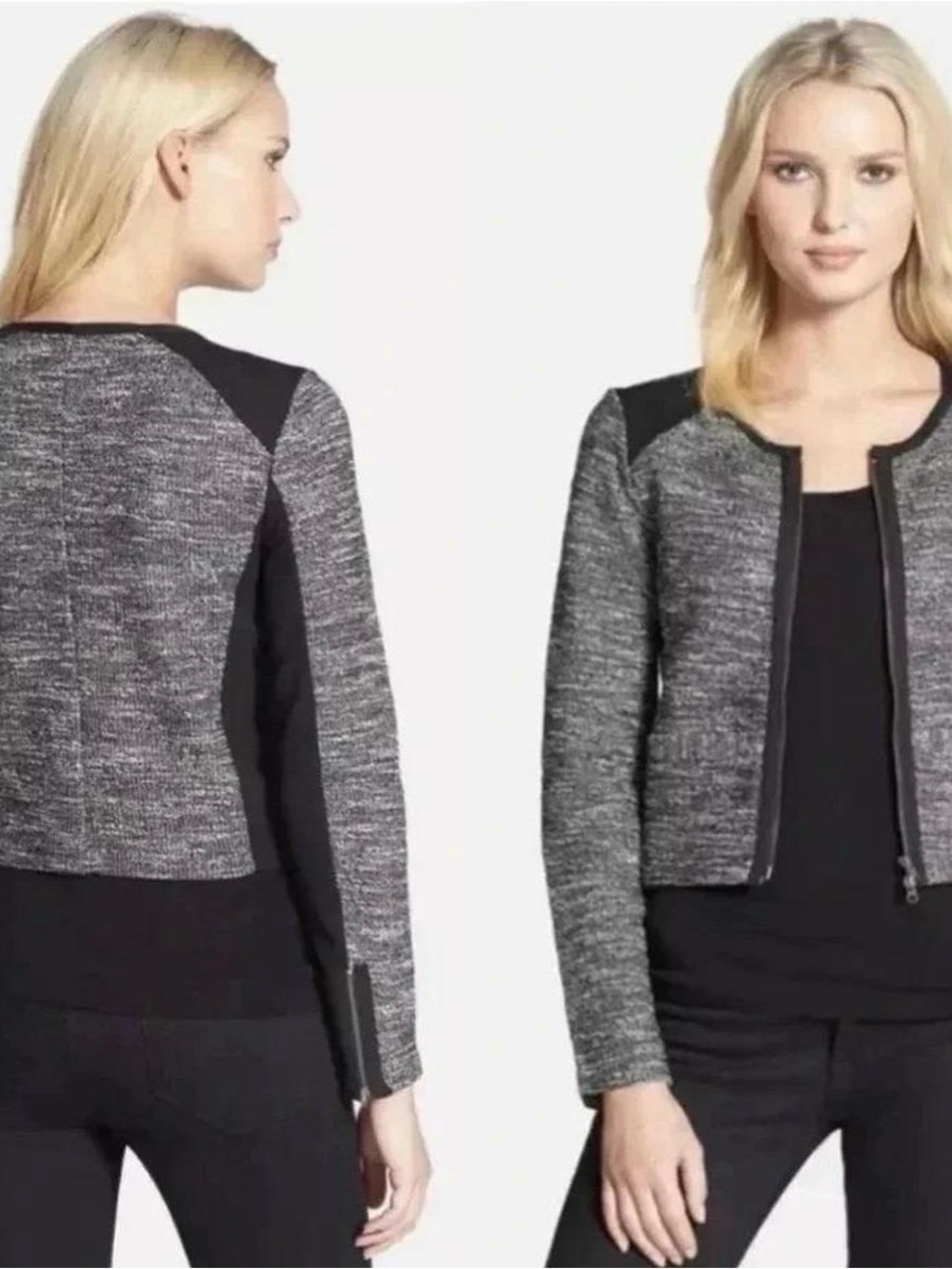 Eileen Fisher Black and Gray Textured Zip-Front Jacket Classic Versatile Size PS